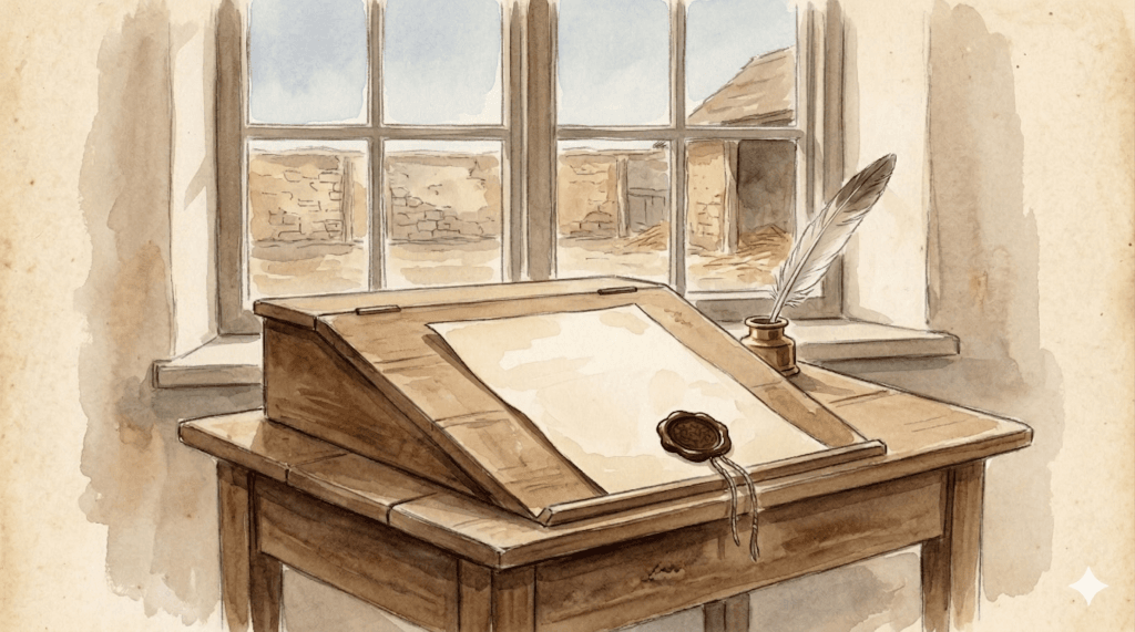 Watercolour of a wooden writing desk with a slanted top, holding a blank sealed document and a quill in a brass inkwell.