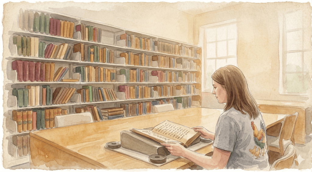 Watercolour of a researcher seated at an archive reading table, turning the pages of a large handwritten manuscript, with floor-to-ceiling bookshelves beside her and a window overlooking greenery behind.
