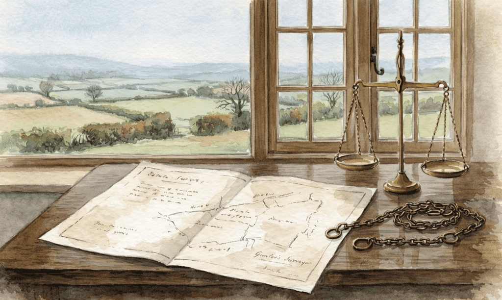 Watercolour of an estate survey document and brass weighing scales on a dark oak table, with a surveyor's chain coiled beside them and a view of enclosed Vale fields through a casement window.
