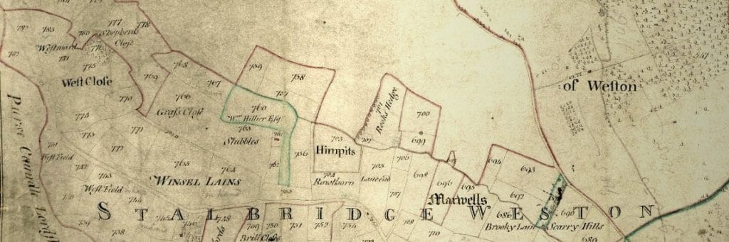 Detail of the Paget estate map of Stalbridge Weston, showing field names, plot numbers and boundaries — including Winsel Lains, Himpits, Grass Close and Marwells — with the name Stalbridge Weston spelled out across the lower portion of the map.